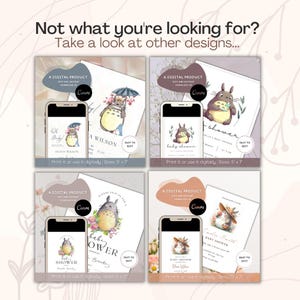 May include: Four digital baby shower invitation templates featuring watercolor illustrations of a grey creature. Each template is displayed on a smartphone screen and a 5" x 7" card. The text reads "Not what you're looking for? Take a look at other designs..." and "A DIGITAL PRODUCT".