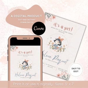 May include: A digital baby shower invitation template featuring a cartoon illustration of a child in a garden, with the text it's a girl! and Helene Paquet. The design includes floral accents, editable fields for event details, and is sized at 5 inches by 7 inches.