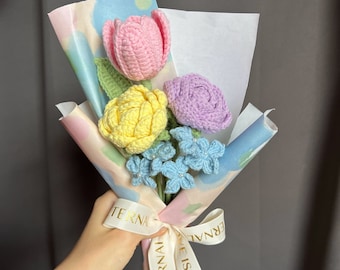 crochet rose bouquets, handmade tulip, gift for mother's day, Valentine's day, anniversary, birthday, graduation, home decor, knitted flower