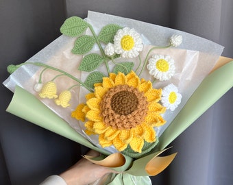 crochet sunflower bouquet, lily of the valley, handmade, gift for mother's day, birthday, graduation, anniversary, knitted flower
