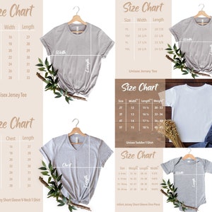 May include: Size chart for unisex jersey tees, short-sleeve V-neck tees, toddler tees, and infant jersey short-sleeve one-pieces. The chart includes measurements for width, length, chest, and weight in inches.