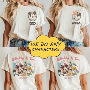 Camiseta retro personalizada de Mickey y sus amigos, camiseta de vacaciones de Disney, camiseta de viaje familiar a cuadros de Magic Kingdom, camiseta personalizada de Disney con parte delantera y trasera.