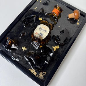 custom bottle of choice mini broken bottle art in black frame
