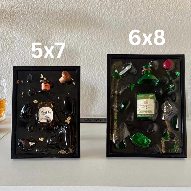 custom bottle of choice mini broken bottle art in black frame