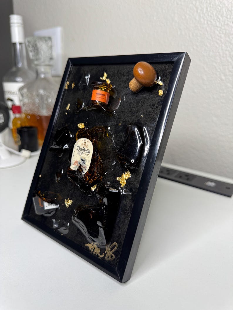 custom bottle of choice mini broken bottle art in black frame