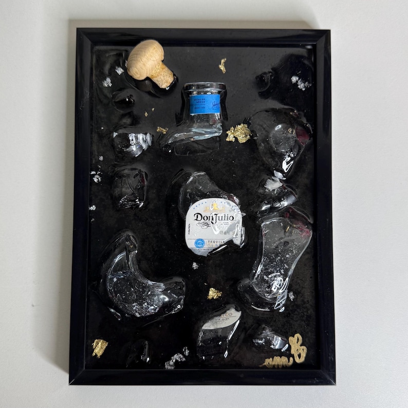 custom bottle of choice mini broken bottle art in black frame