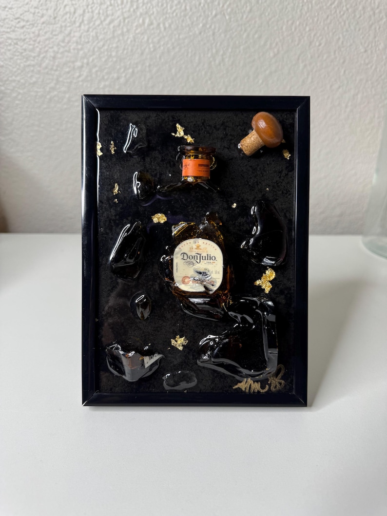 custom bottle of choice mini broken bottle art in black frame