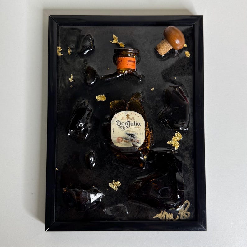custom bottle of choice mini broken bottle art in black frame