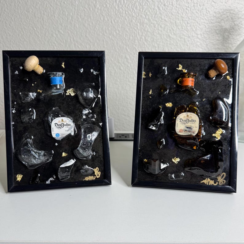 custom bottle of choice mini broken bottle art in black frame