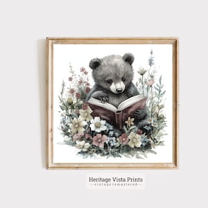 Cute Bear Reading Vintage Print, Nursery Wall Art, Animal Illustration for Kids Room Decor, Baby Shower Gift | s0452