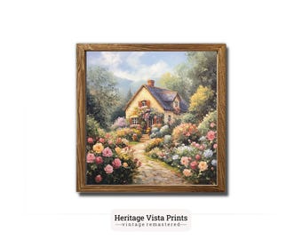 May include: A framed painting of a yellow cottage with a red roof surrounded by a lush garden with pink, white, and purple flowers. The cottage has a stone path leading to the front door.