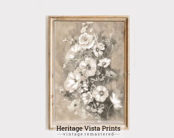 Vintage Floral Print: Neutral Beige Botanical Wall Art (Digital Download)