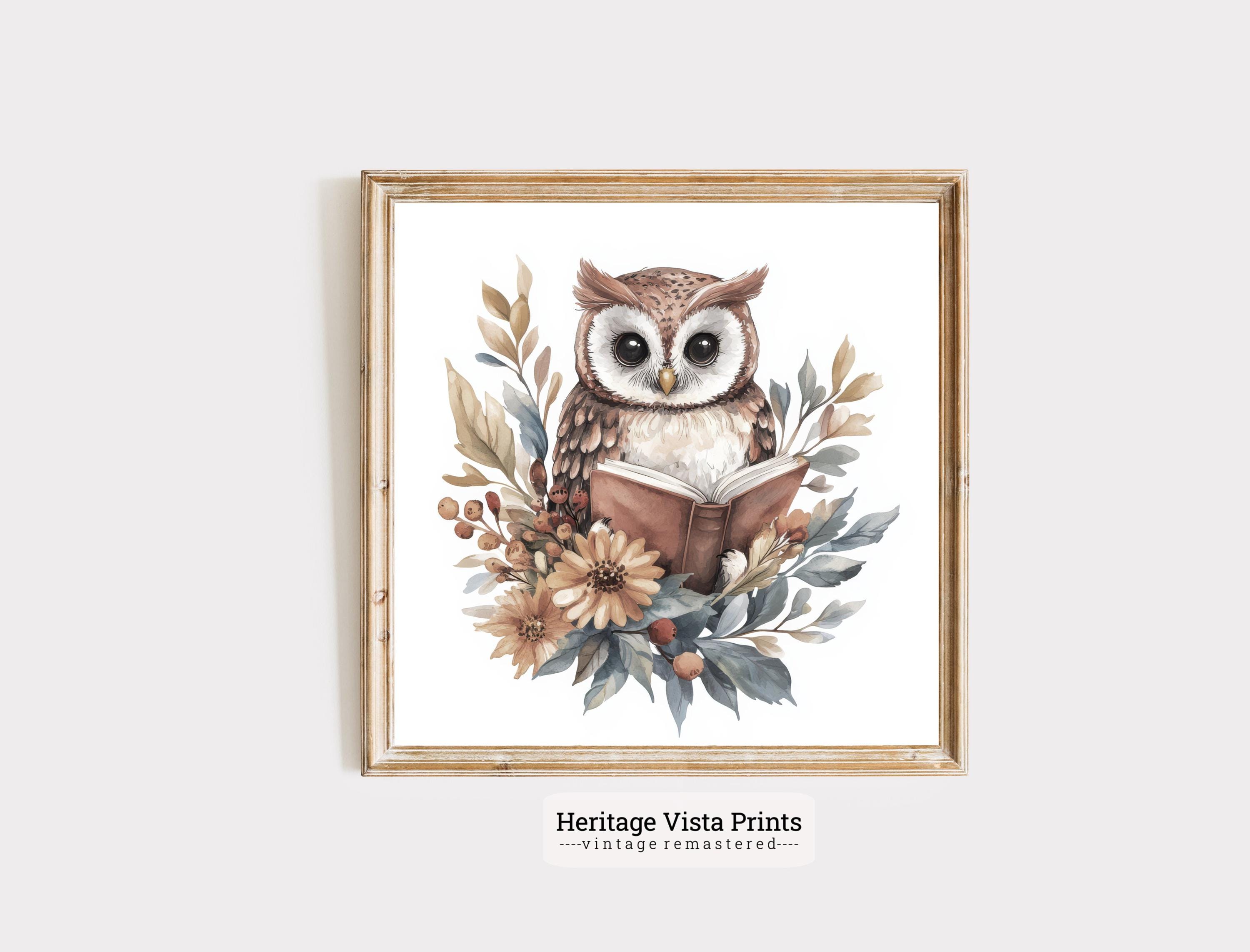 Watercolor Owl Reading Art Print: Woodland Nursery Decor (Digital Download)