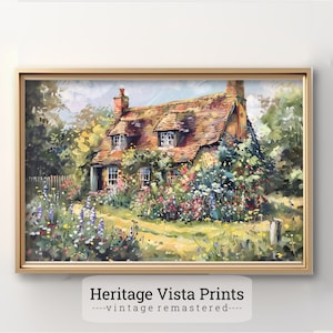 Cozy Cottage Prints & Illustration | English Cottage Prints | Colorful English Cottage Print | Vintage Painting of English Garden | w0441