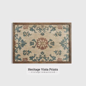 Floral Wall Art, Antique Textile Print, Beige and Blue Flower Art, Distressed Floral Decor, Vintage Style Tapestry, Home Decor | w0690