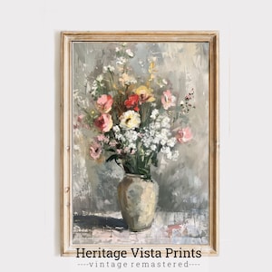 Bouquet floreale Wall Art / Pittura floreale in stile vintage / Stampa pittura a olio / Decorazione domestica Shabby Chic / Opera d&#39;arte elegante vaso di fiori / p0516