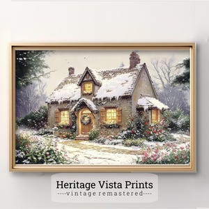 Winter Cottage Art Print: Snowy Christmas Home Decor (Digital Download)