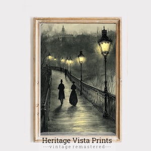 Vintage Street Lamp Scene Art Print | Gothic Victorian Urban Wall Art | Historic Cityscape Poster | Unique Dark Aesthetic Decor | p0559 |