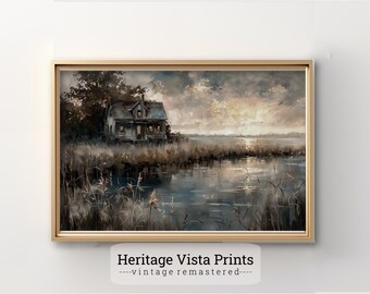 Vintage Seascape Oil Painting Print: English Cottage Coastal Art (Digital Download)