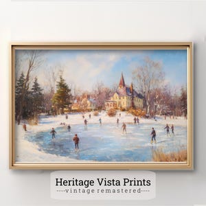 Vintage winterlandschap olieverfschilderij | Schaatskunst | Vintage winterkunstafdruk | Home Decor Snowy Day | Winterwonderlandscène | w0573