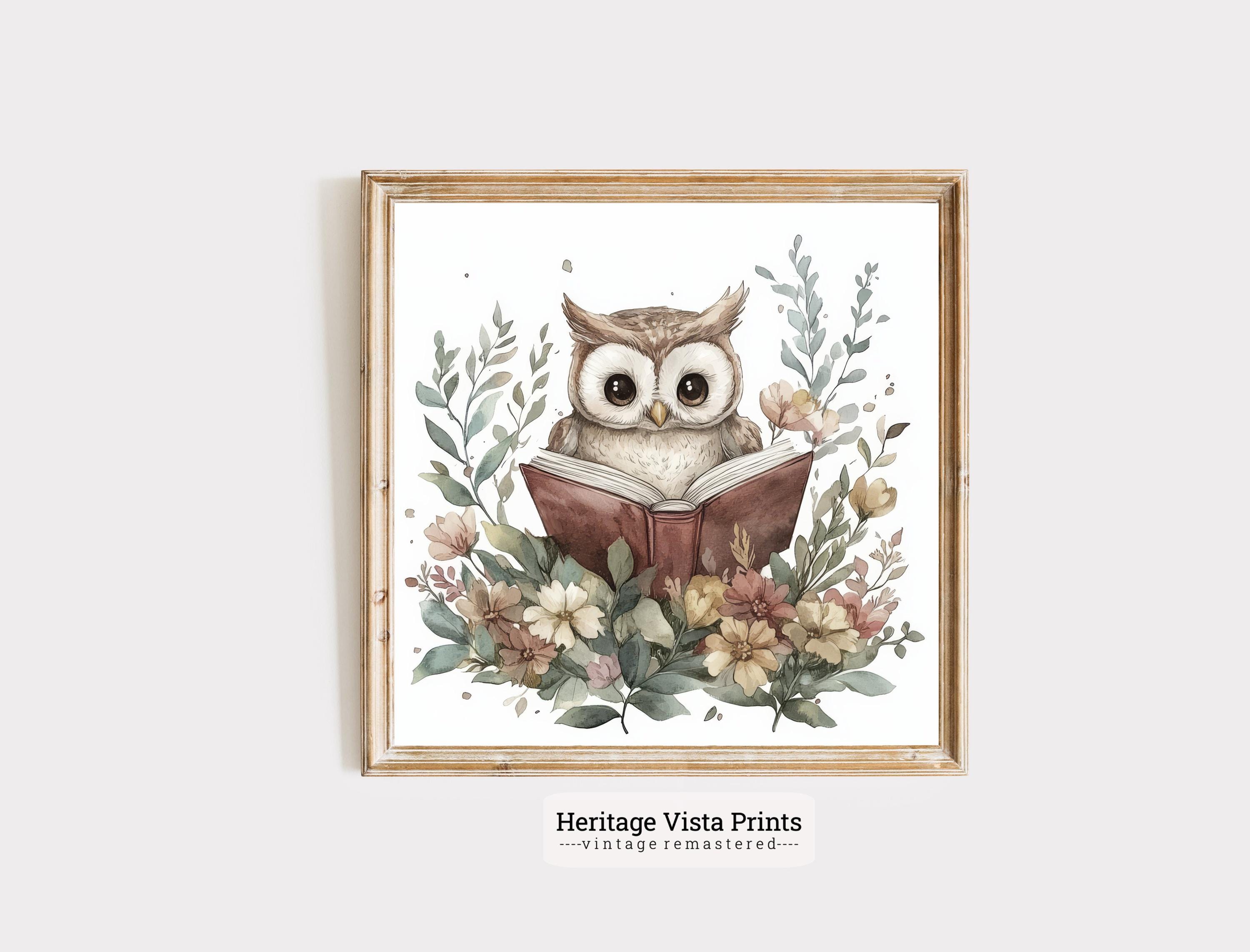 Owl Reading Book Print: Botanical Nursery Wall Art (Digital Download)