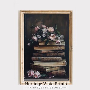 Vintage Books Floral Painting | Stack of Old Books with Flowers Wall Art | Antique Book Lover&#39;s Decoration | Library and Study Decor | p0512