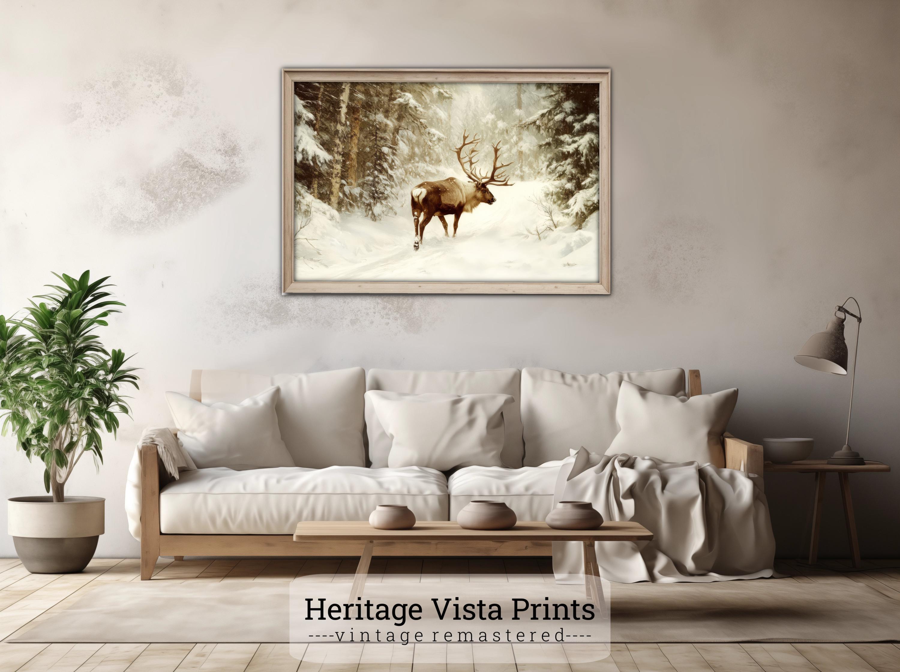 Winter Wonderland Stag Wall Art | Snowy Forest Deer Print | Rustic Home ...
