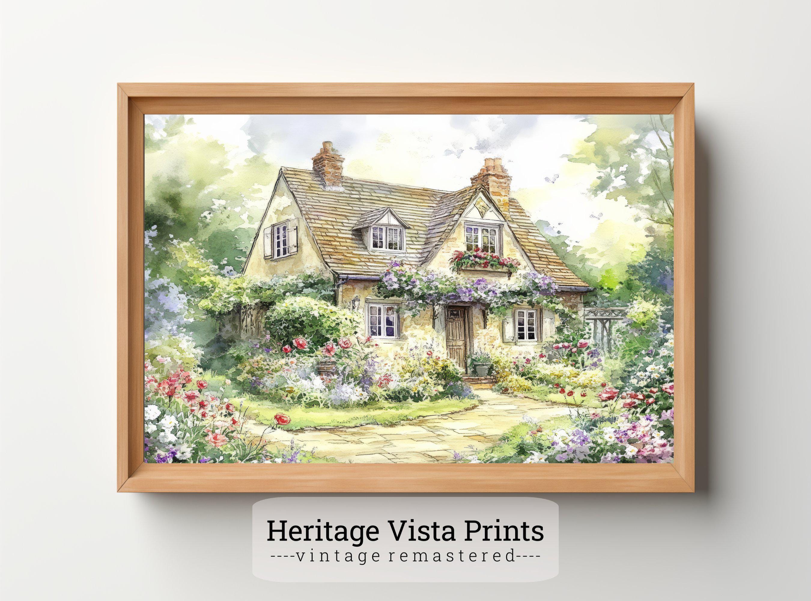 ヴィンテージコテージ水彩画：花の庭の風景（デジタルダウンロード