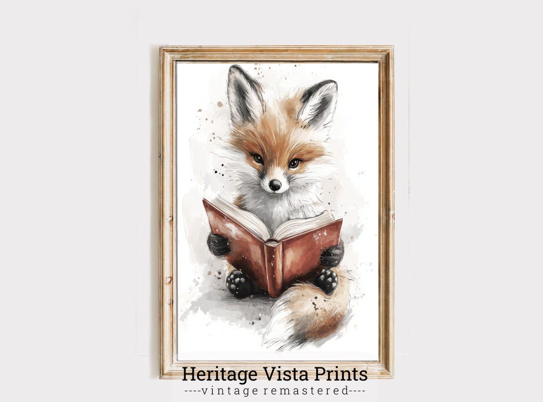 Fox Reading Book Watercolor Print: Nursery Animal Art (digital Download ...