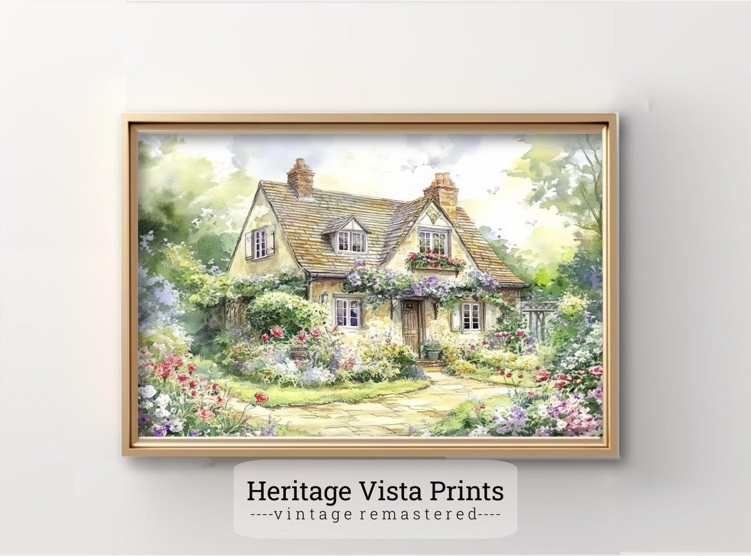 ヴィンテージコテージ水彩画：花の庭の風景（デジタルダウンロード