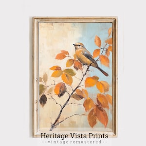 Autumn Leaves Bird Wall Art | Nature Bird Painting | Rustic Home Decor | Bird on Branch Canvas Artwork | Fall Season Wall Hanging | p0550 |