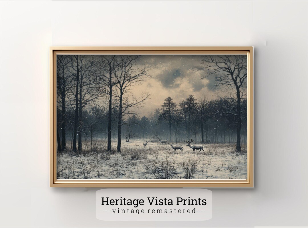 Winter Forest Deer Scene Wall Art | Snowy Landscape Painting | Rustic ...