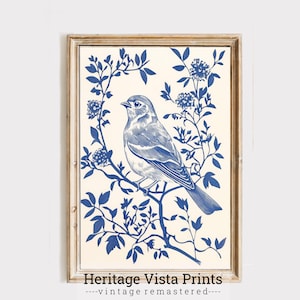 Blue Bird Wall Art, Nature Inspired Decor, Botanical Illustration, Bird and Flowers, Blue and White Chinoiserie, Home Wall Print | p0651