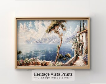Mediterranean Coastal Print: Vintage Seaside Landscape (Digital Download)