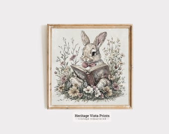 Bunny Reading Book Vintage Art Print: Whimsical Rabbit Illustration (Digital Download)
