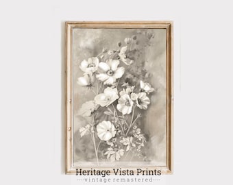 Vintage Floral Print: Neutral Beige Flowers, Shabby Chic Art (Digital Download)