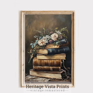 Vintage Book Stack Art Print | Antique Books and Flowers Wall Art | Library Decor Print | Floral and Books Decor | Classic Book Art | p0511