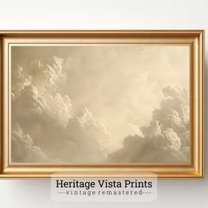 May include: A framed print of a vintage photograph of a cloudy sky. The clouds are white and gray and are arranged in a dramatic pattern. The print is in a gold frame and has the text "Heritage Vista Prints --vintage remastered--" at the bottom.