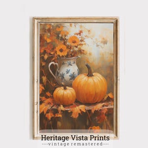 Autumn Pumpkin and Flowers Wall Art Print | Fall Decor Painting | Rustic Harvest Home Decor | Vintage Style Fall Wall Hanging | p0552 |