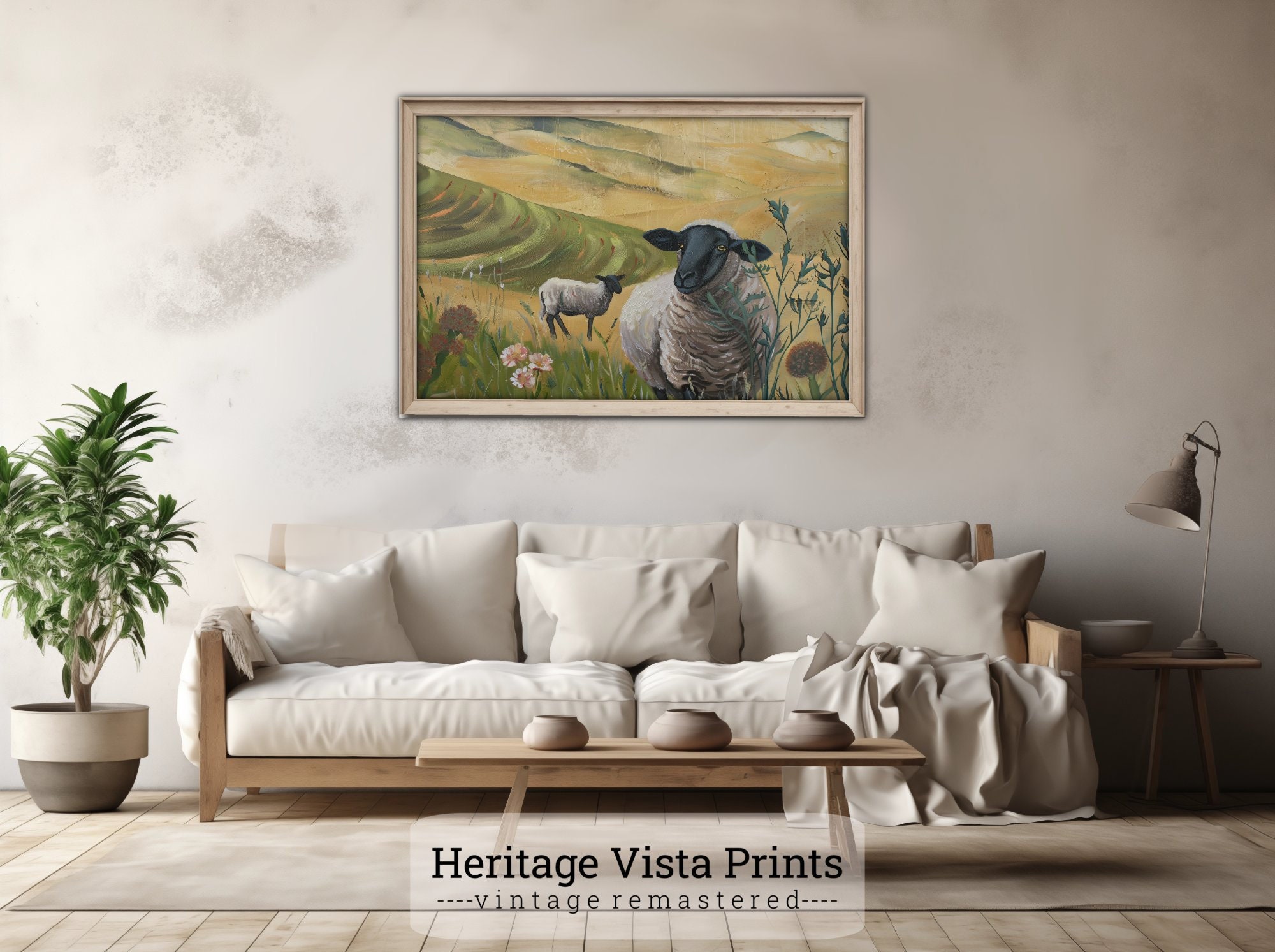 Vintage Leinwandgemälde Schwarzes Schaf - 70x100cm Landschaftskunst Für Wohnzimmer