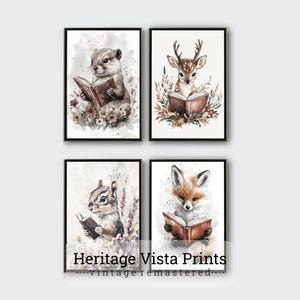 Woodland Animals Reading Books Wall Art Set of 4, Nursery Decor, Kids Room Download, Baby Shower Gift, Cute Animal Prints | g0019