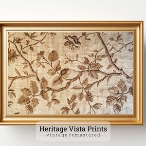 タンとブラウンの織りタペストリーアート 横向き | 家宝の花のモチーフ | 印刷可能なダウンロード可能なアート | w0459