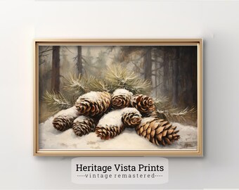 Winter Pine Cones Print: Rustic Snow Scene, Cabin Decor (Digital Download)
