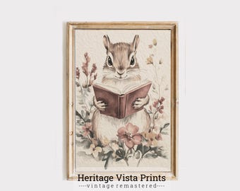 May include: A watercolor illustration of a brown squirrel holding a closed book. The squirrel is surrounded by pink, brown, and yellow flowers. The image has the text "Heritage Vista Prints - vintage remastered -" at the bottom.