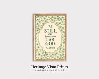 May include: A framed print with the text "BE STILL, and know THAT I AM GOD. PSALM 46:10." The print has a light beige background with a floral border of blue and green flowers. The frame is a light brown color. The words "Heritage Vista Prints" are at the bottom.