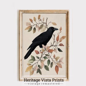 Vintage Raven Wall Art | Fall Leaves Decor | Gothic Nature Illustration | Botanical Bird Print | p0628