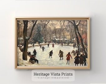 May include: A vintage painting of a winter scene with people ice skating on a frozen pond. The pond is surrounded by trees and buildings. The painting is framed in a gold frame.
