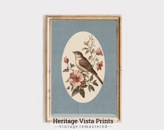 Vintage Bird Floral Print: Rustic Botanical Illustration (Digital Download)