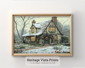 Impresión artística de una cabaña invernal: Cabaña nevada, decoración acogedora para el hogar (descarga digital)