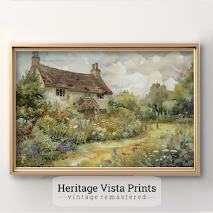 Cozy Cottage Prints & Illustration | English Cottage Prints | Quaint Country Cottage | Painting of an English Summer Vintage Garden | w0440